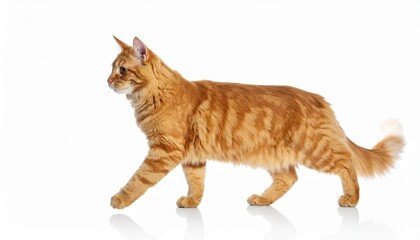 Ginger cat walks isolated on white background