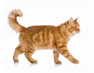 Ginger cat walks isolated on white background