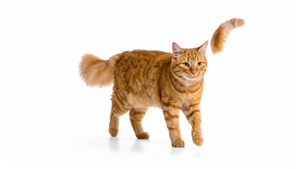 Ginger cat walks isolated on white background
