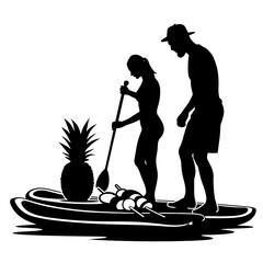 People on Paddleboards with BBQ and Pineapple Silhouette – Tropical Water Leisure