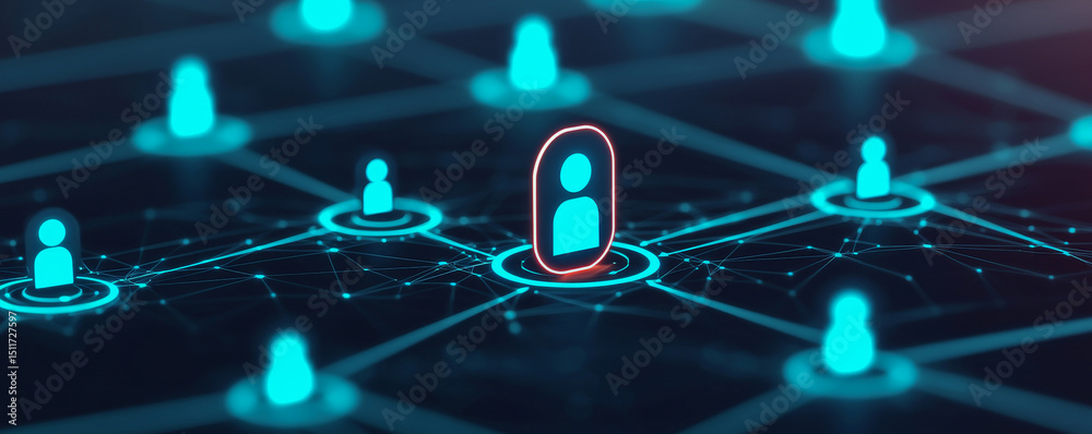Poster digital network with glowing user icons connected by lines.