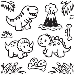 Cute Dinosaur Illustrations with Volcano and Bones