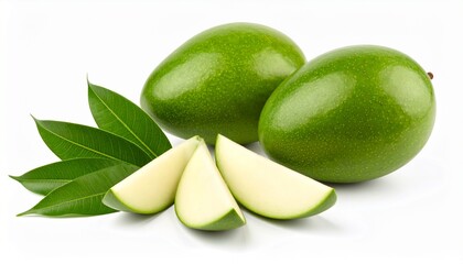 Green mango with slices isolated on white background