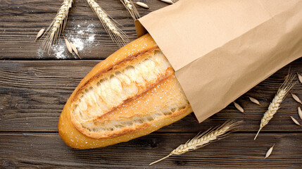 Freshly baked loaf of bread in a paper bag on rustic wooden surface.