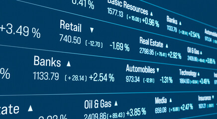 Ticker board, sector market data, retail, banks, oil and gas. Business, investment, market research. 3D illustration