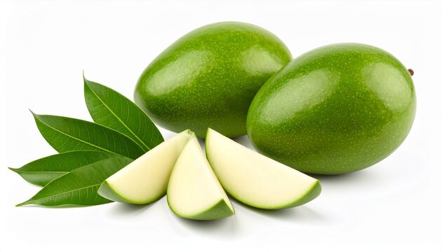Green mango with slices isolated on white background