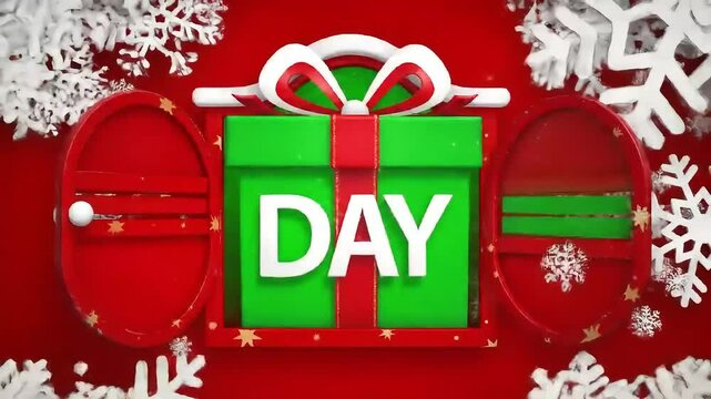 Christmas, advent calendar, door opening, red background, 3D snowflakes, festive, holiday, green screen, animation, 4K video, gift, present, magic, celebration, winter, digital art, holiday season, Xm