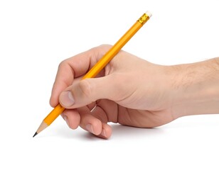 Hand holding pencil on white background