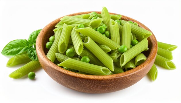 Green pea penne pasta in wooden bowl isolated on white background
