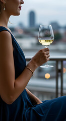 Stylish woman dressed in suit is savoring alcohol wine drink on chic balcony, with stunning city skyline at sunset in background. Serene and luxurious atmosphere for relaxation