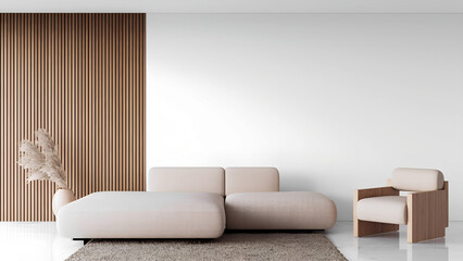 Modern minimalist living room with beige sofa and armchair in bright interior