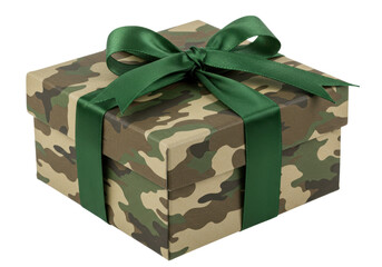 Isolated Camouflage Gift Box with Green Ribbon