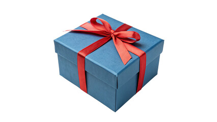 Beautifully wrapped Blue Gift Box with vibrant  Red Ribbon Holiday or birthday concept isolated transparent background elegance, simplicity, and festive cheer.
