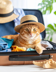 An adorable orange tabby cat wearing a straw hat comfortably lounges inside an open suitcase filled with colorful clothes, ready to join a sunny holiday adventure.