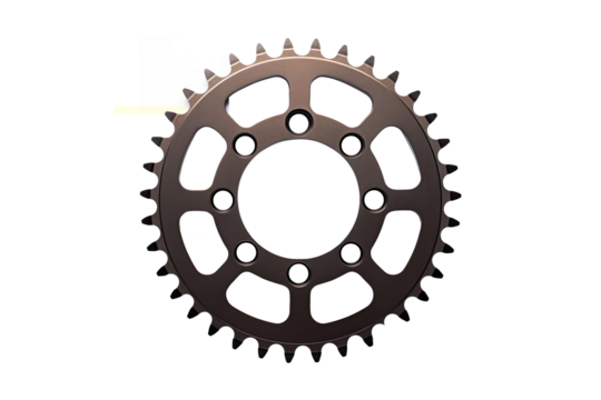 A metallic gear with evenly spaced teeth and hollow cutouts, designed for mechanical systems and industrial machinery on a transparent background