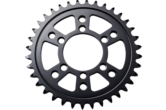 A metallic gear with evenly spaced teeth and hollow cutouts, designed for mechanical systems and industrial machinery on a transparent background