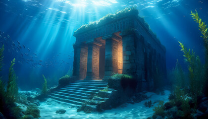 Mysterious ancient temple discoverable underwater amidst marine life and ocean plants