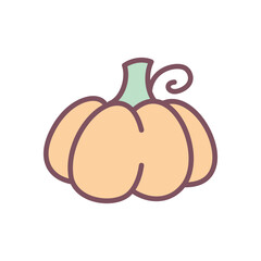 Cute pumpkin icon. Cute hand drawn illustration of an orange gourd with green stem on white background. Kawaii autumn sticker. Vector 10 EPS.