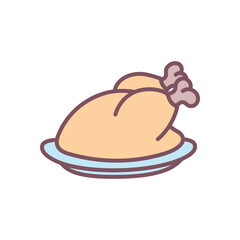 Roasted turkey on plate. Traditional festive poultry dish often served during fall holidays like Thanksgiving. Cute hand drawn illustration on white background. Vector 10 EPS.
