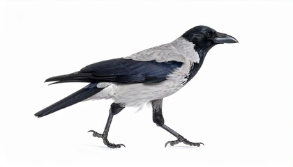 Fototapeta premium Grey hooded crow walks isolated on white background