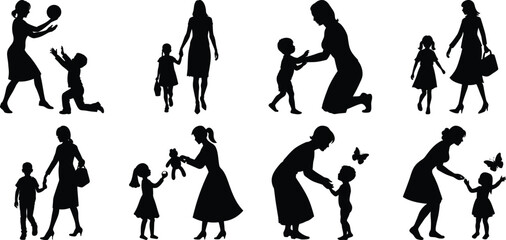 Happy Mothers' Day silhouette set. Mom and children activity vector bundle isolated on transparent background