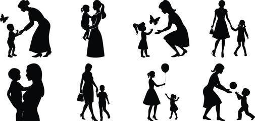 Happy Mothers' Day silhouette set. Mom and children activity vector bundle isolated on transparent background