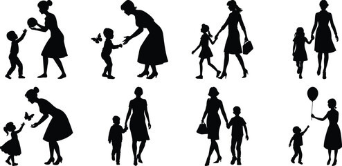 Fototapeta premium Happy Mothers' Day silhouette set. Mom and children activity vector bundle isolated on transparent background
