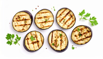 Grilled eggplant slices isolated on white background