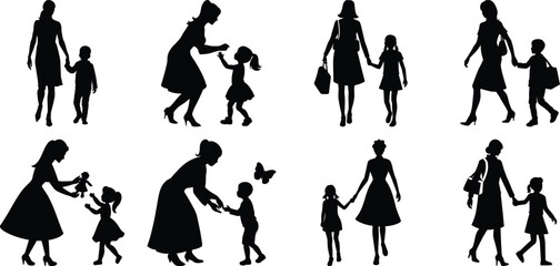 Happy Mothers' Day silhouette set. Mom and children activity vector bundle isolated on transparent background