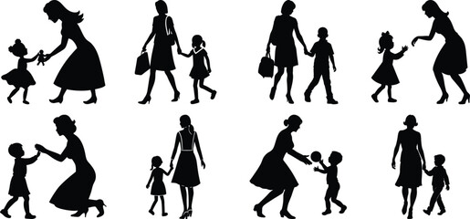 Obraz premium Happy Mothers' Day silhouette set. Mom and children activity vector bundle isolated on transparent background