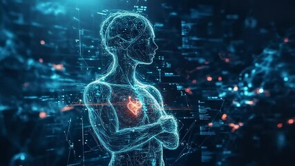 Futuristic human anatomy with glowing heart and intricate digital network - Powered by Adobe