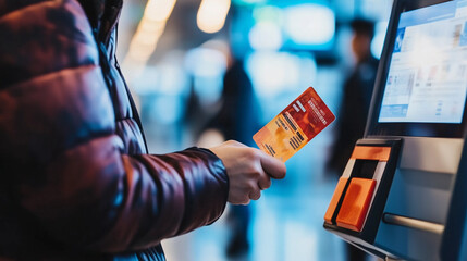 Passenger scanning boarding pass at airport self check-in kiosk, modern air travel technology, automated check-in process for flight departure, digital boarding pass scanning concept.