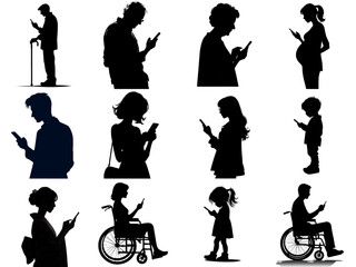 Silhouettes of diverse people - men and women, elderly, disabled, children, in national clothes, pregnant, in glasses using phones in digital detox concept  