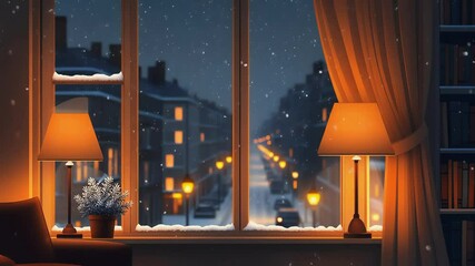 animated night view from window when snow falls