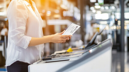Passenger scanning boarding pass at airport self check-in kiosk, modern air travel technology, automated check-in process for flight departure, digital boarding pass scanning concept.