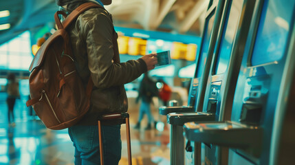 Passenger scanning boarding pass at airport self check-in kiosk, modern air travel technology, automated check-in process for flight departure, digital boarding pass scanning concept.
