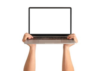 Hand showing laptop computer with blank screen isolated.
