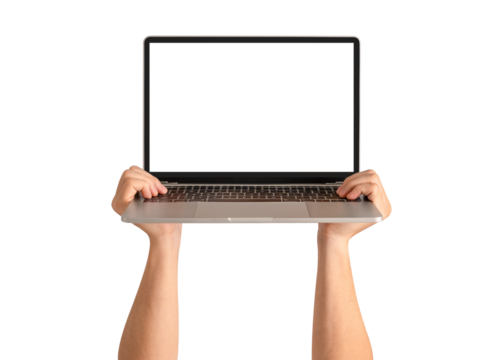 Hand showing laptop computer with blank screen isolated.