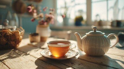 Fototapeta premium Modern table with only teapot and cup, sun-kissed scene, airy and tranquil