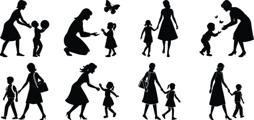 Happy Mothers' Day silhouette set. Mom and children activity vector bundle isolated on transparent background