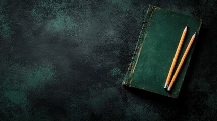 A green notebook with two pencils on top.