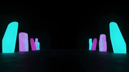 Pink, blue, and green neon monoliths are positioned symmetrically on a dark surface.copy space, neon - Powered by Adobe