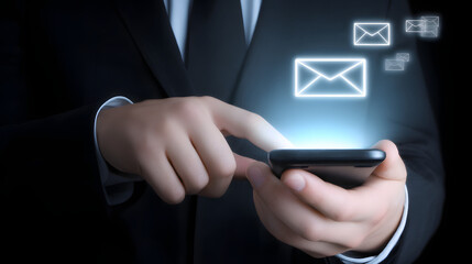 A person using their smartphone to expose and handle digital content, close-up view on hand and device with modern technology background
