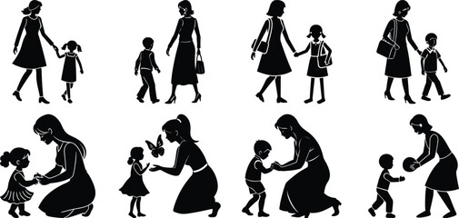 Happy Mothers' Day silhouette set. Mom and children activity vector bundle isolated on transparent background