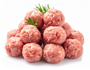 Heap of fresh raw meatballs isolated on white background