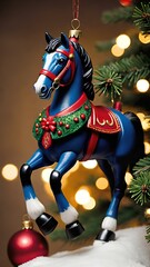 Blue horse toy on Christmas tree