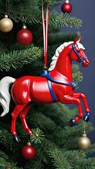 Christmas tree decoration with red horse toy