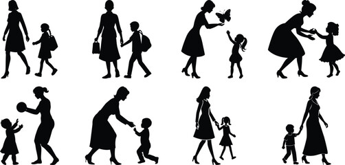 Happy Mothers' Day silhouette set. Mom and children activity vector bundle isolated on transparent background