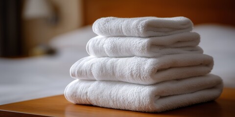 A stack of white towels on a wooden table. The towels are neatly folded and stacked on top of each other. Concept of cleanliness and orderliness