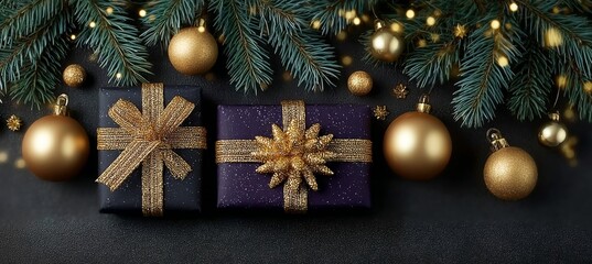 Elegant Purple And Gold Christmas Presents, Pine Branches And Golden Christmas Decorations